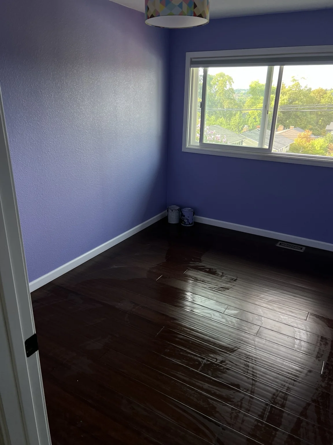 Blue-toned bedroom walls with light window trim and a dark floor