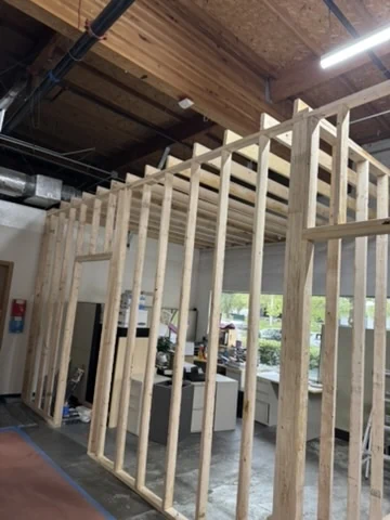 Stud wall and framed door openings before drywall