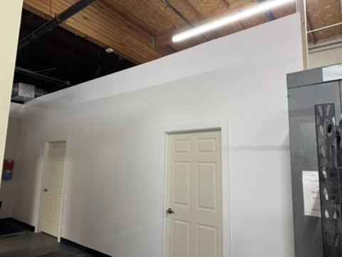 Interior partition with paneled doors and white casing