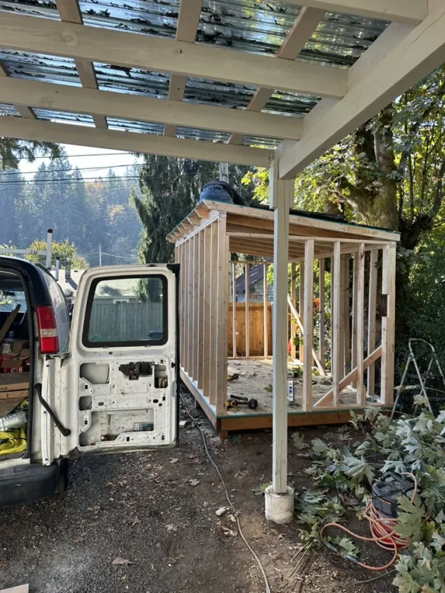 Custom shed wood wall framing and roof framing during construction