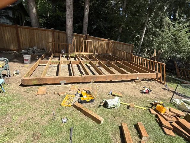 Deck framing and blocking exposed before decking installation