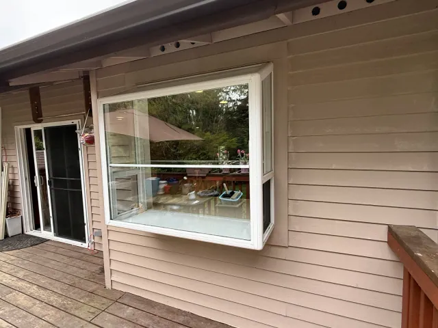 Installed projecting kitchen window viewed from the deck